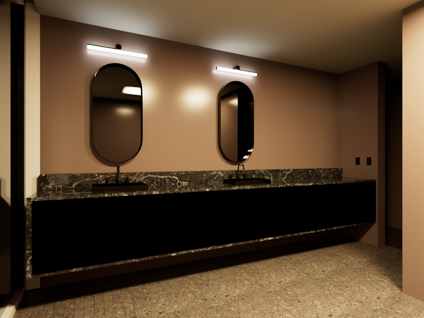 Luxurious bathroom with marble tiling and black accent wall